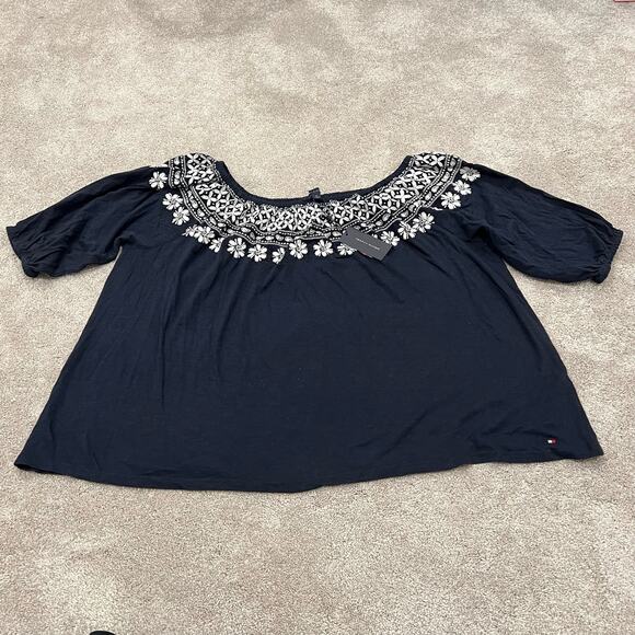 NWT Tommy Hilfiger Women's Wide Neck Off Shoulder Navy‎ Top White 1x Plus - Picture 4 of 7